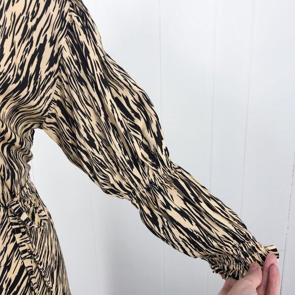 ELF Made by Hand Set Sail Wrap Dress Midi Puff Sleeves Size Large Tan Brown - Picture 5 of 16